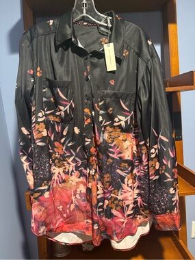 Anthropologie Black Floral Button-Up Blouse with Pink and Orange Accents